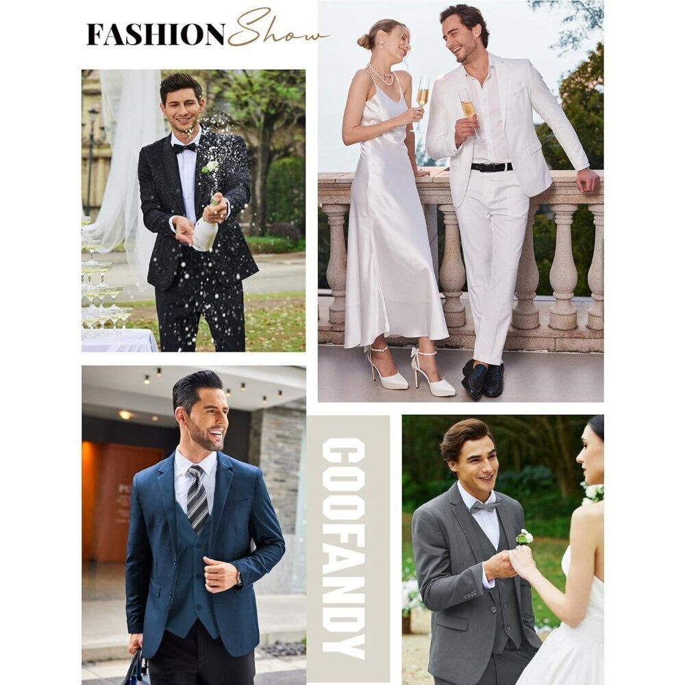 Men's Light Grey 3 Pieces Suits Classic Fit 2 Buttons Dress Wedding Business - Picture 5 of 7